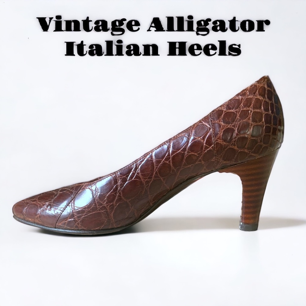 Petra Authentic Alligator Skin Leather Heels Italy sz 4.5 EUC Vintage Dark Brown